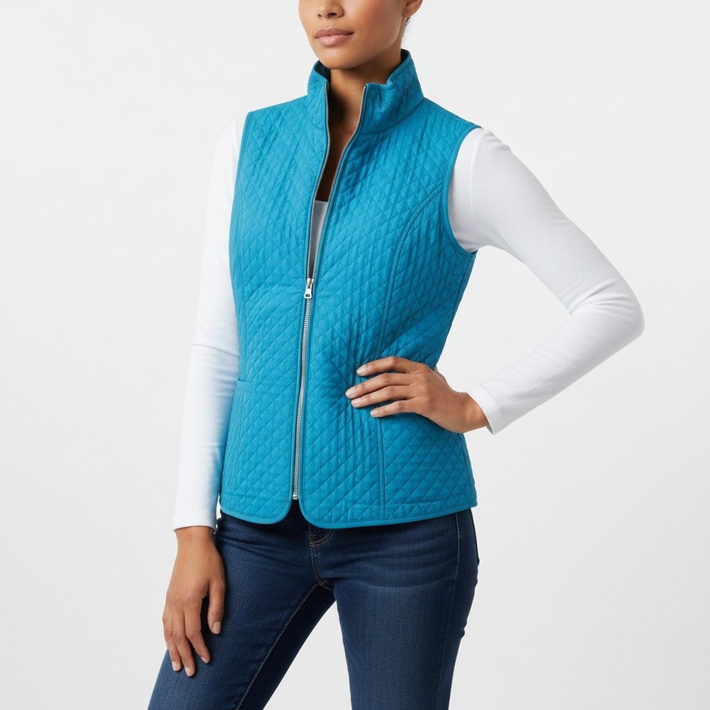 Chicos Women Teal Blue Quilted Zip Up Vest Polyester Casual Size 0 Small